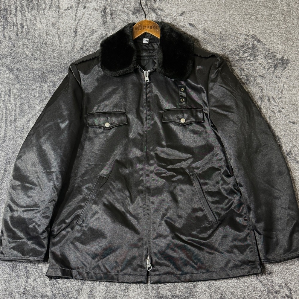 Vintage Blauer Police Bomber Jacket 42 Large Black Satin Fur Collar Quilt‎ Lined